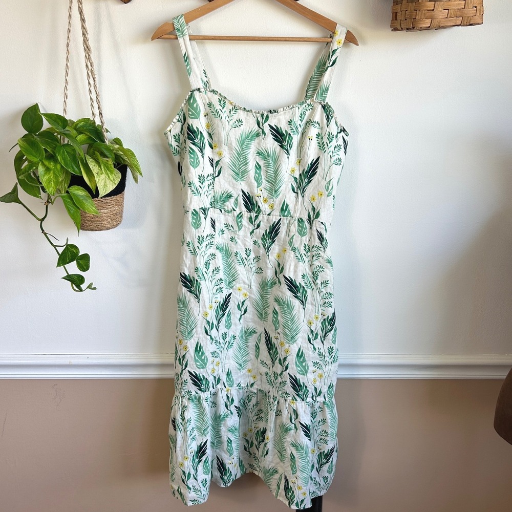 C&C California Linen Tropical Leaf Floral Print Midi Dress Smocked Back Vacation
